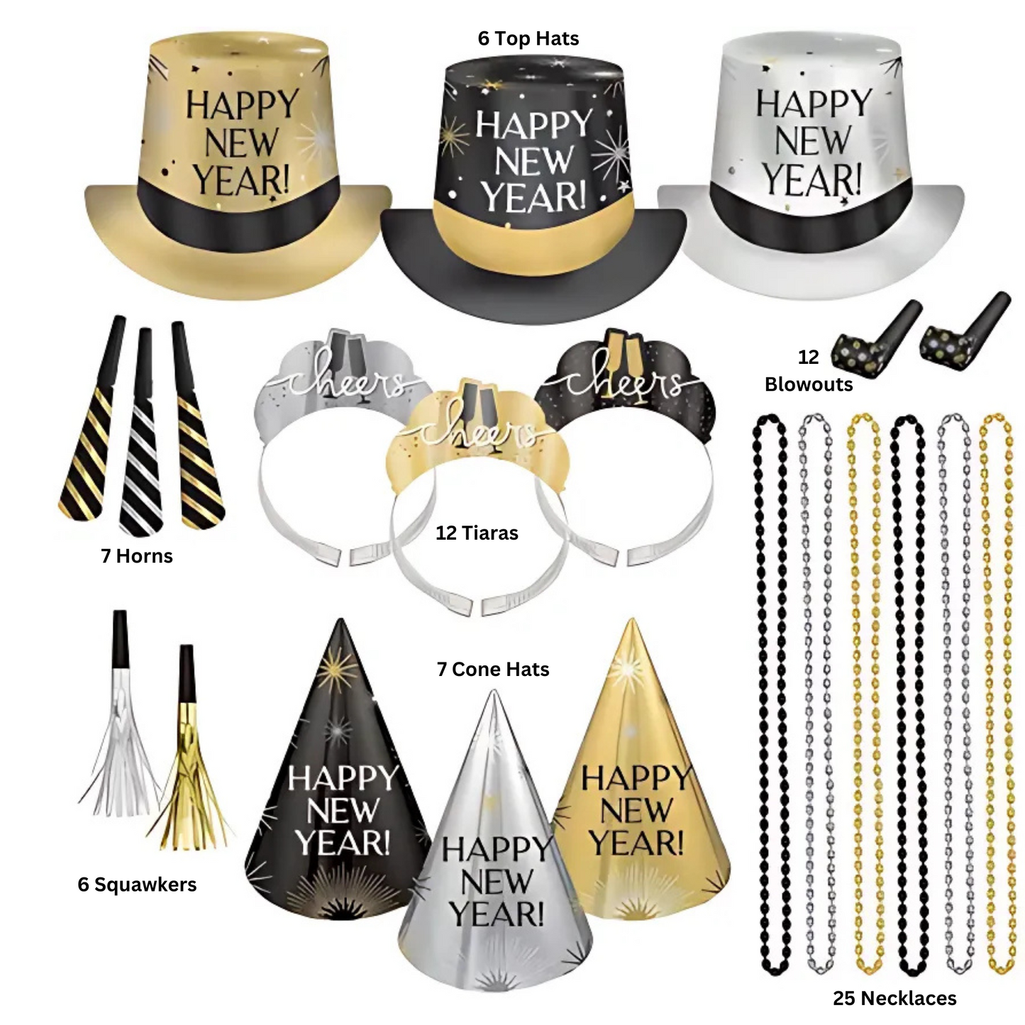 Kit for 25 - Black, Silver, Gold New Year's Eve Party Kit, 75pc