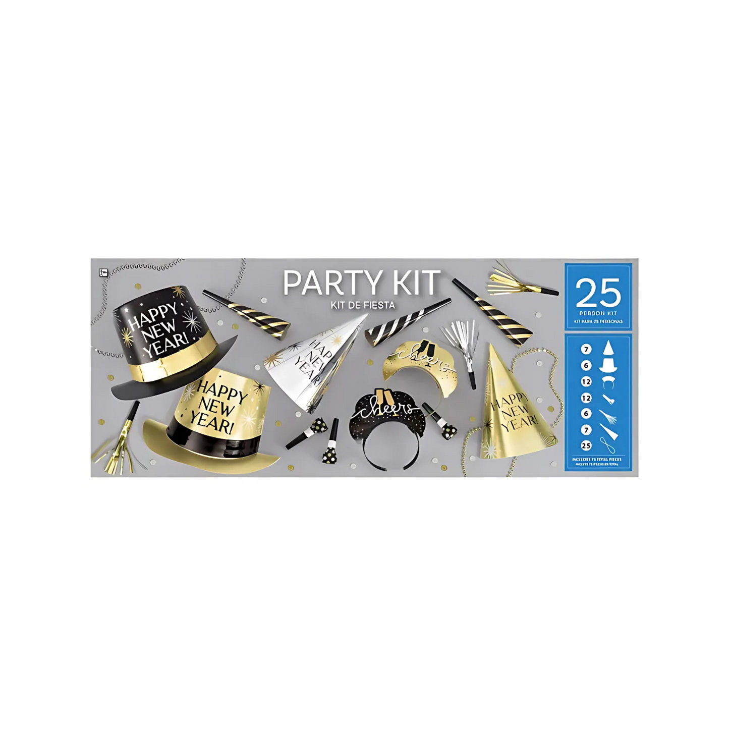 Kit for 25 - Black, Silver, Gold New Year's Eve Party Kit, 75pc